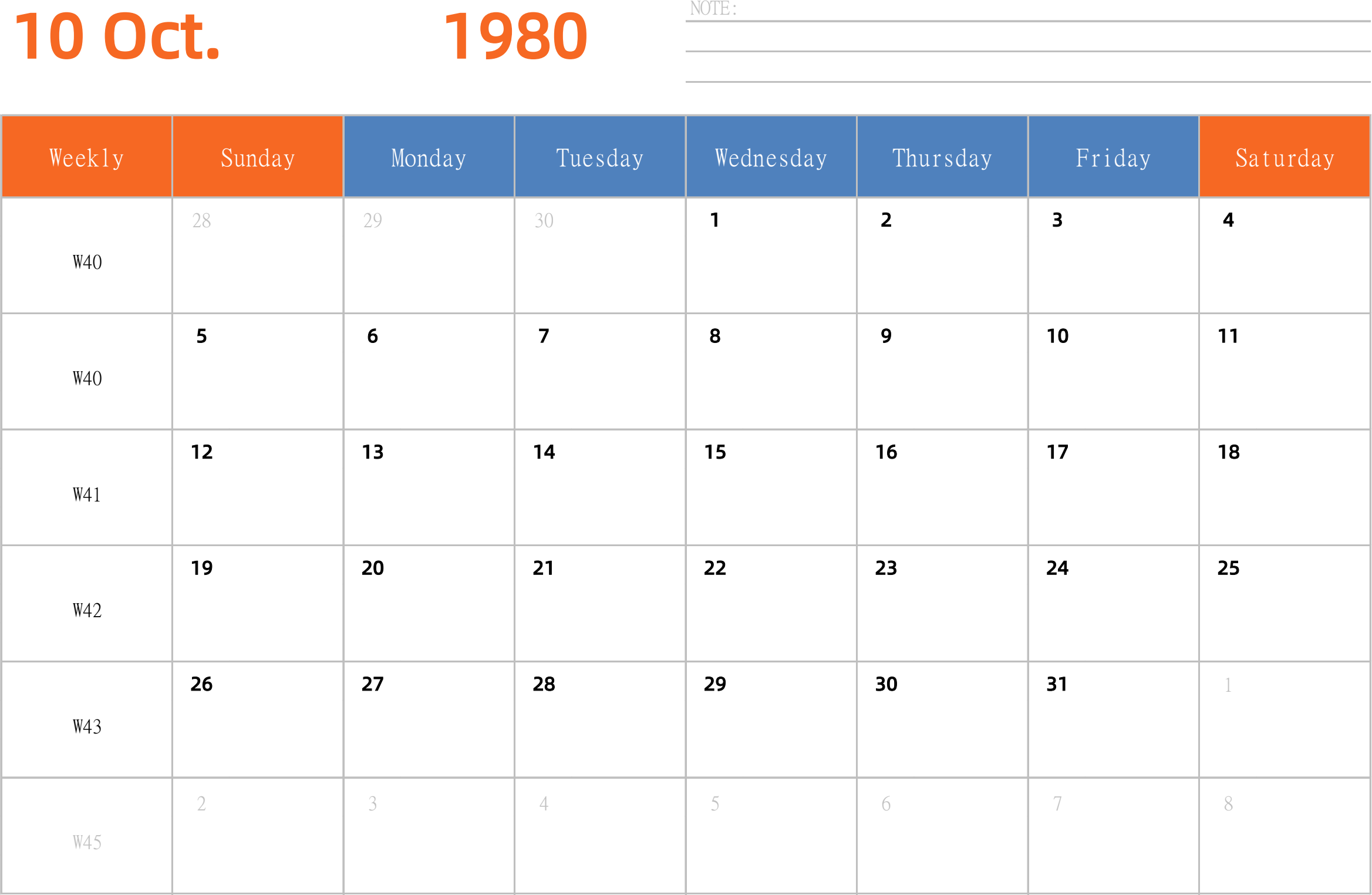 日历表1980年日历 英文版 横向排版 周日开始 带周数